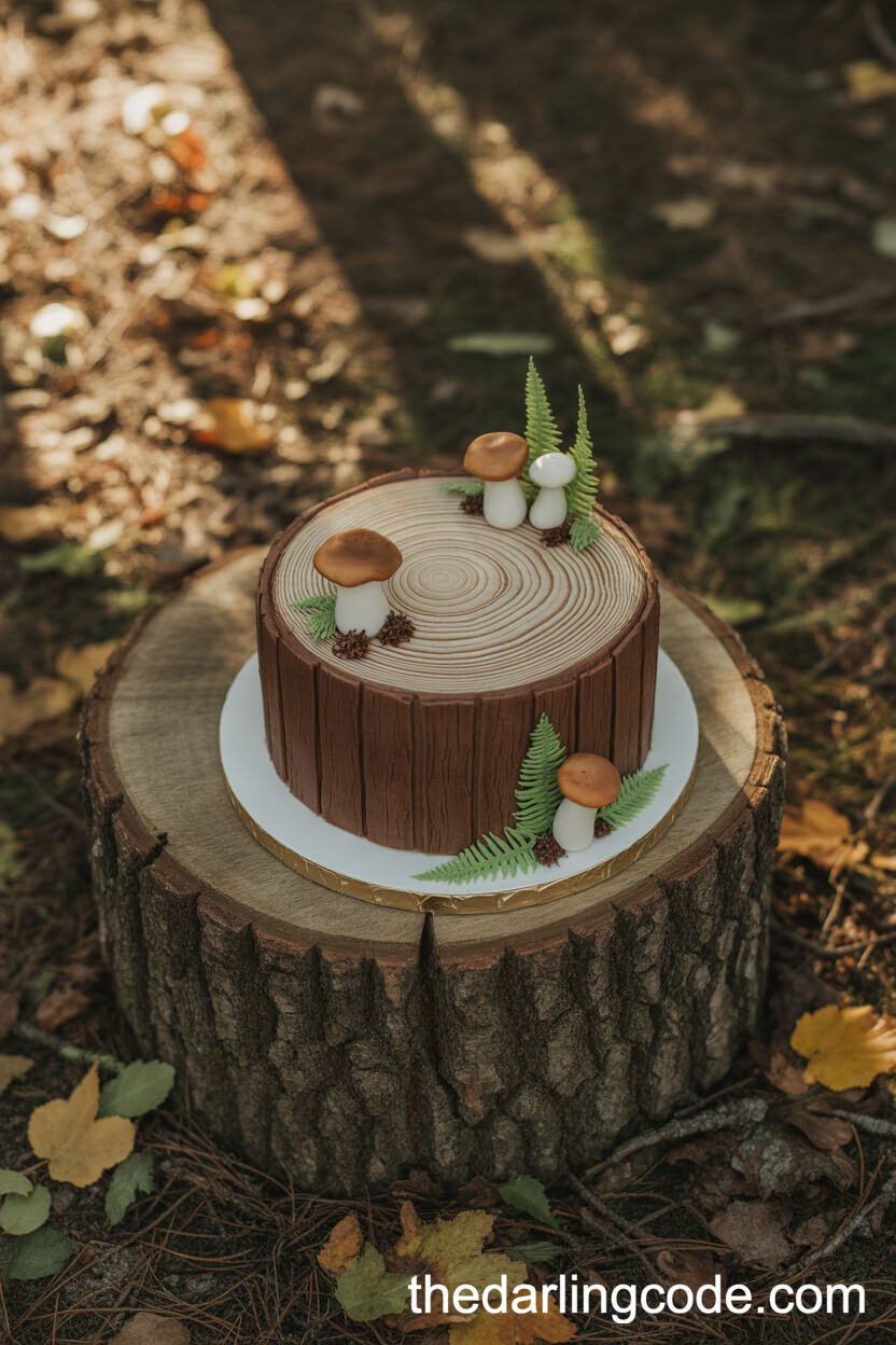 Tree Ring And Bark-Inspired Cake With Sugar Mushrooms And Ferns