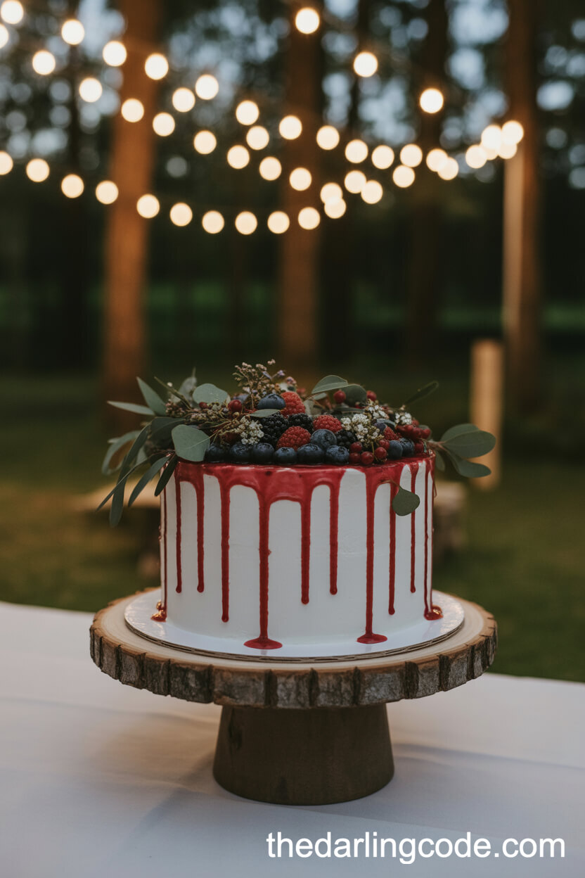 Modern Drip Cake With Fresh Berries And Forest Greenery