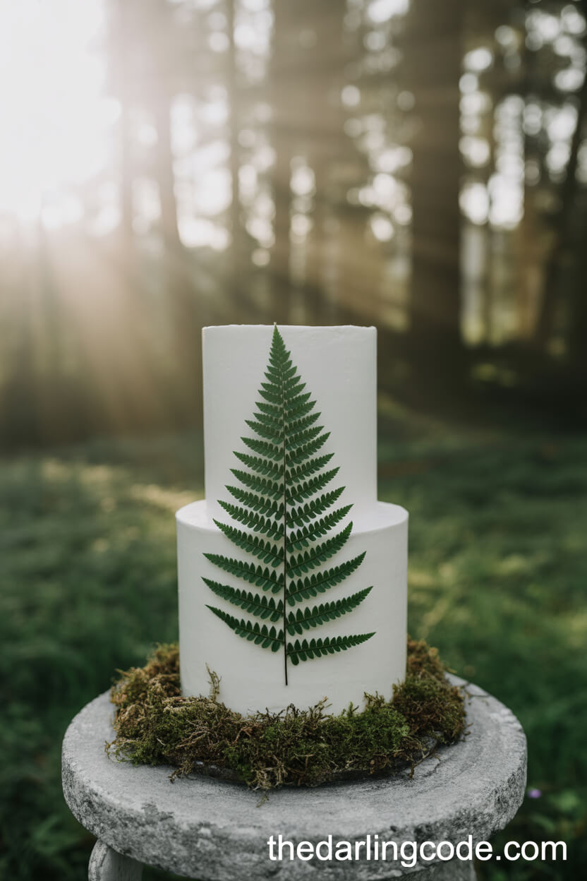 Minimalist White Cake Wrapped With An Edible Fern Frond