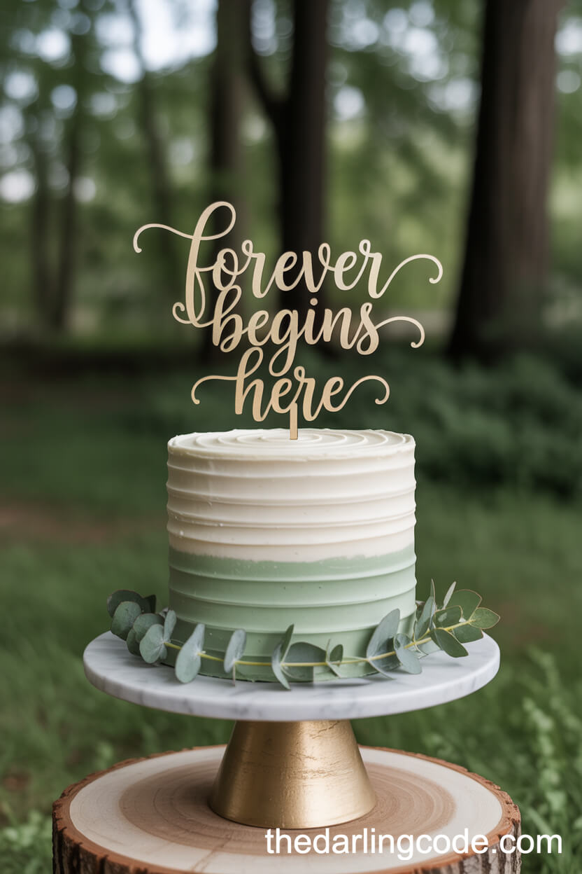 White And Sage Green Cake With Eucalyptus And Gold Calligraphy Topper