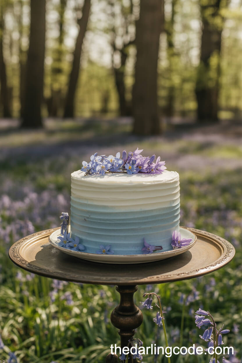 Vanilla Cake With Blue Ombré Frosting And Edible Bluebells