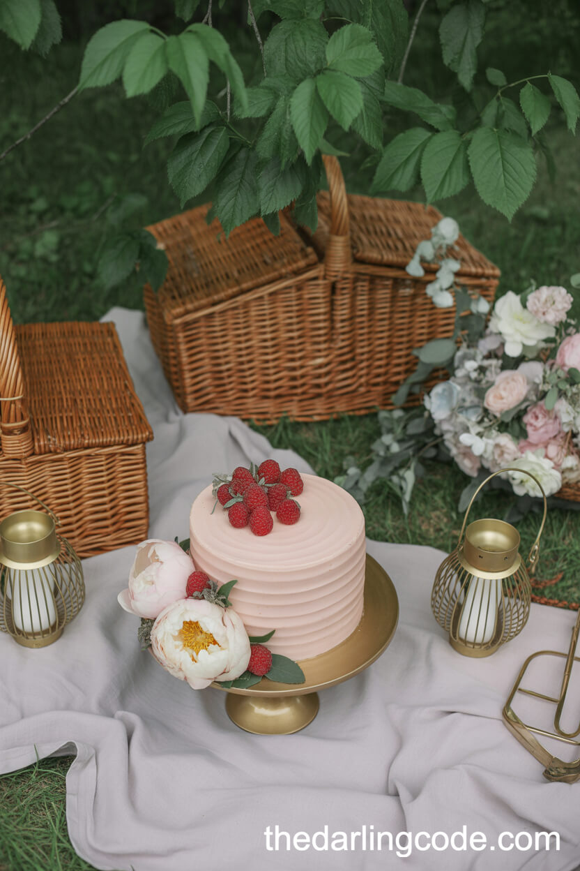 Blush Single-Tier Cake With Raspberries And Cream Peonies