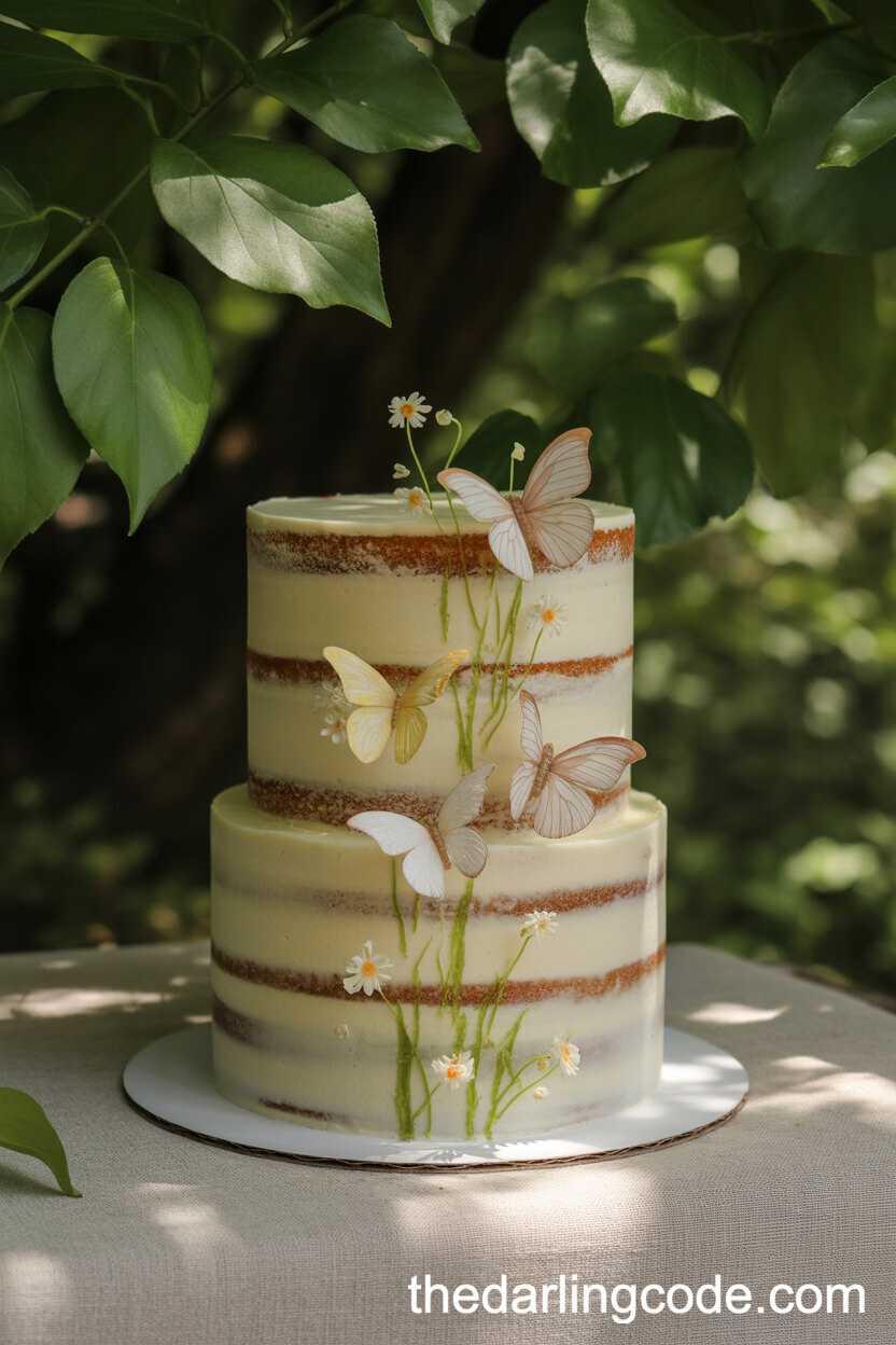 Vanilla Layered Cake With Cascading Sugar Butterflies And Florals