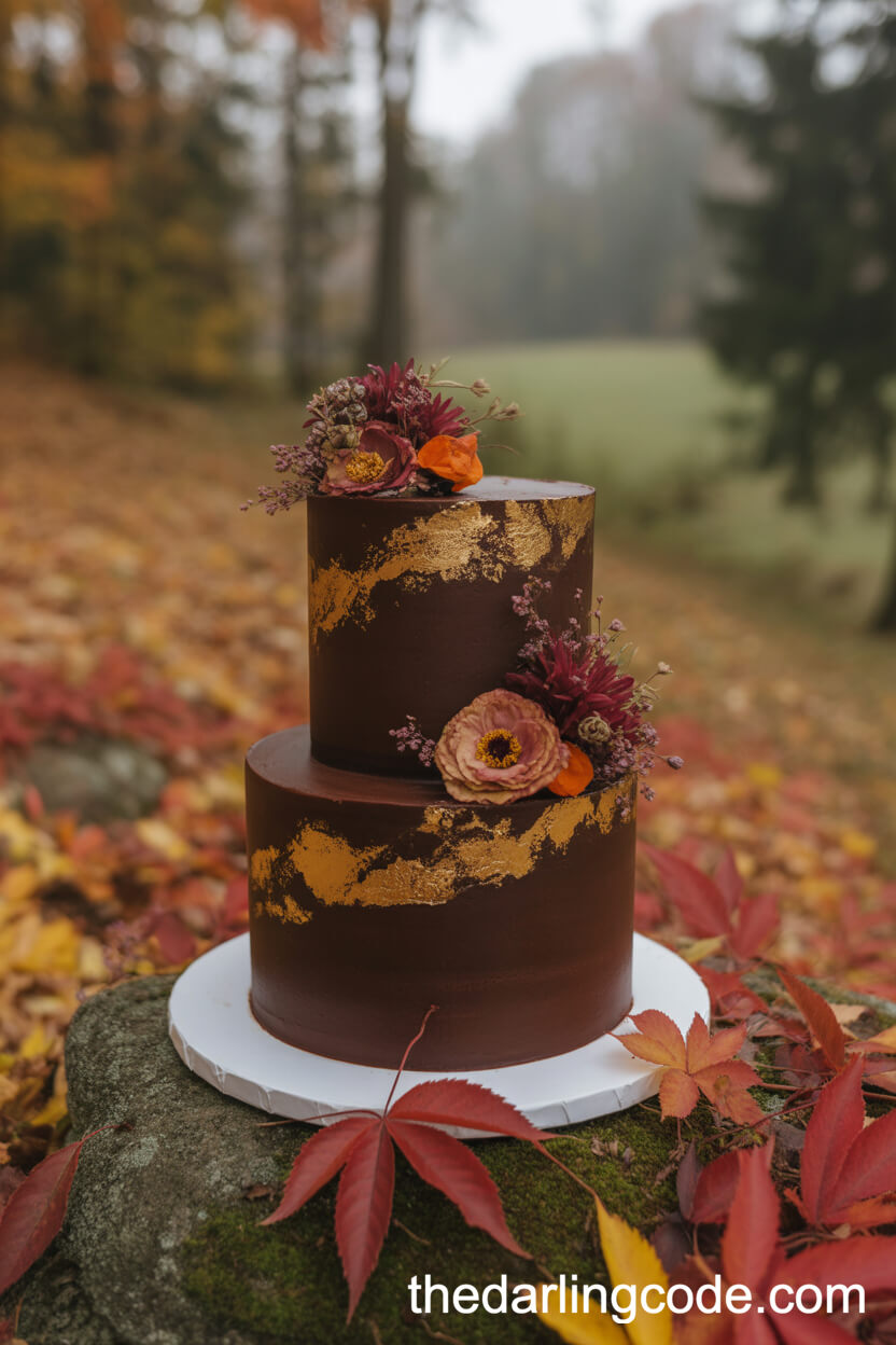 Chocolate Cake With Gold Leaf And Autumn Edible Flowers