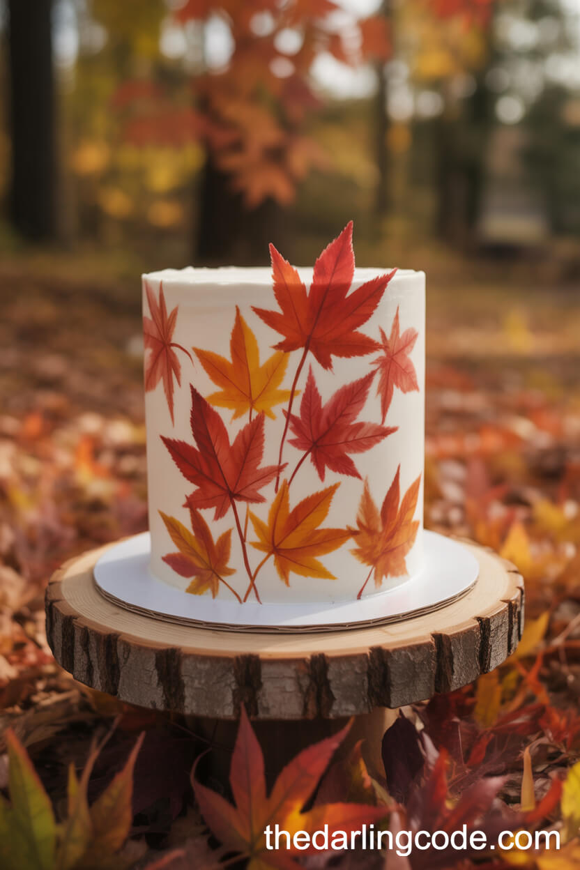 Watercolor Maple Leaf Cake With Hand-Painted Autumn Details