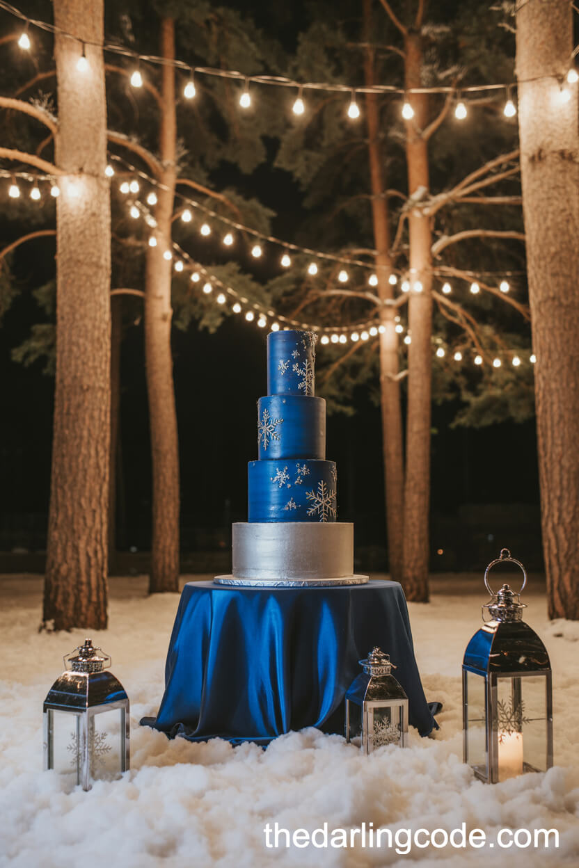 Royal Blue And Silver Cake With Snowflakes And Winter Forest Lights