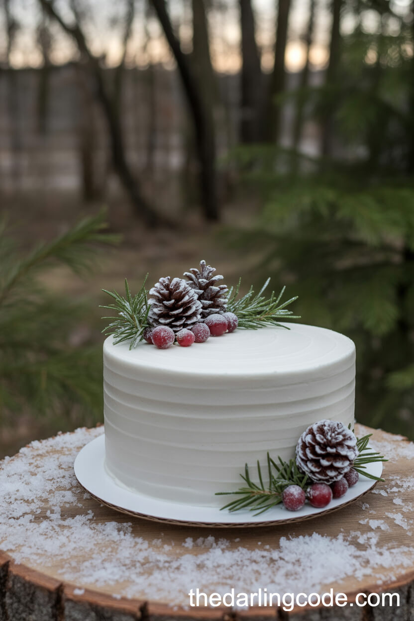 Winter White Cake With Chocolate Pinecones And Sugared Cranberries