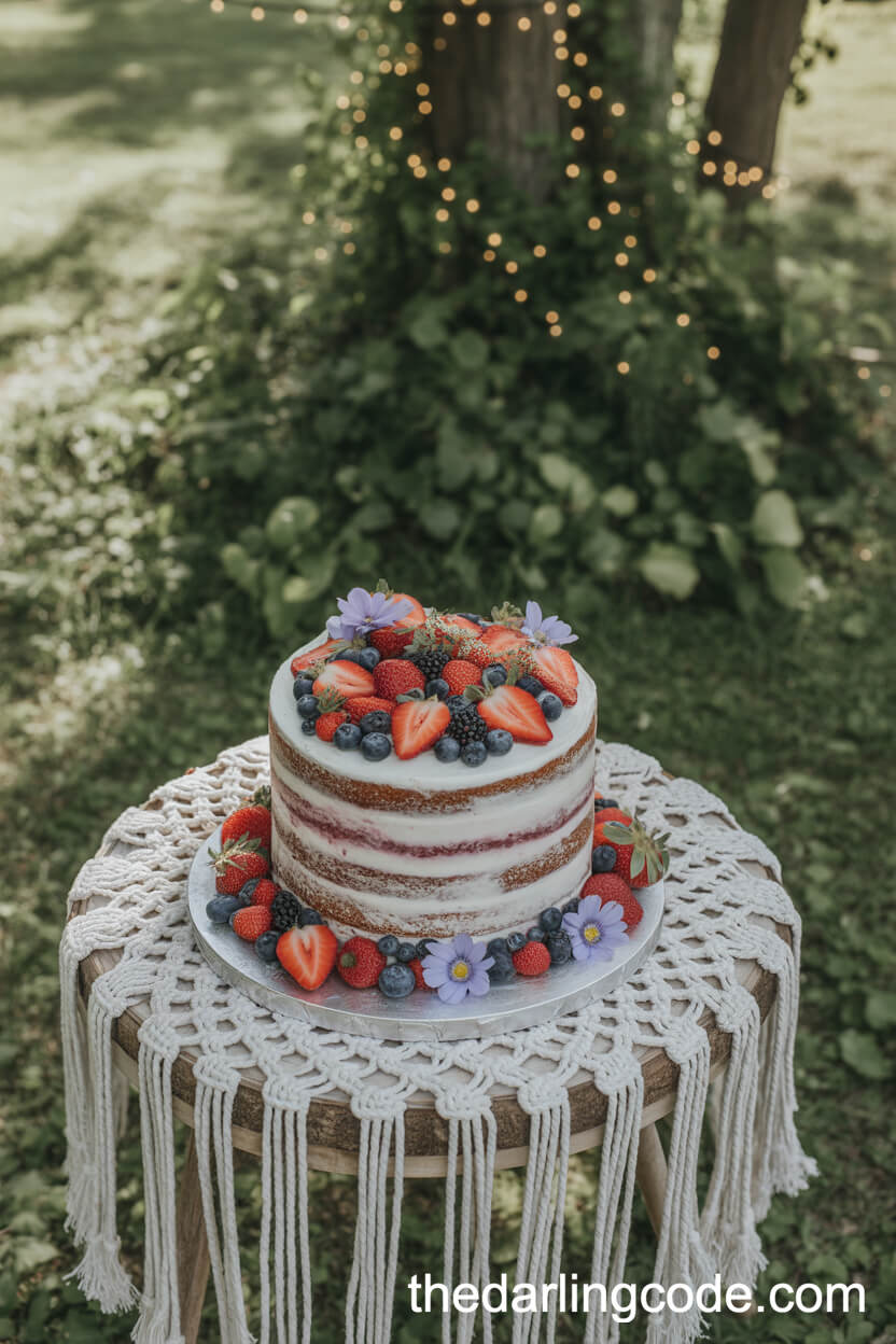Berry-Decorated Semi-Naked Cake On A Macrame Table Runner