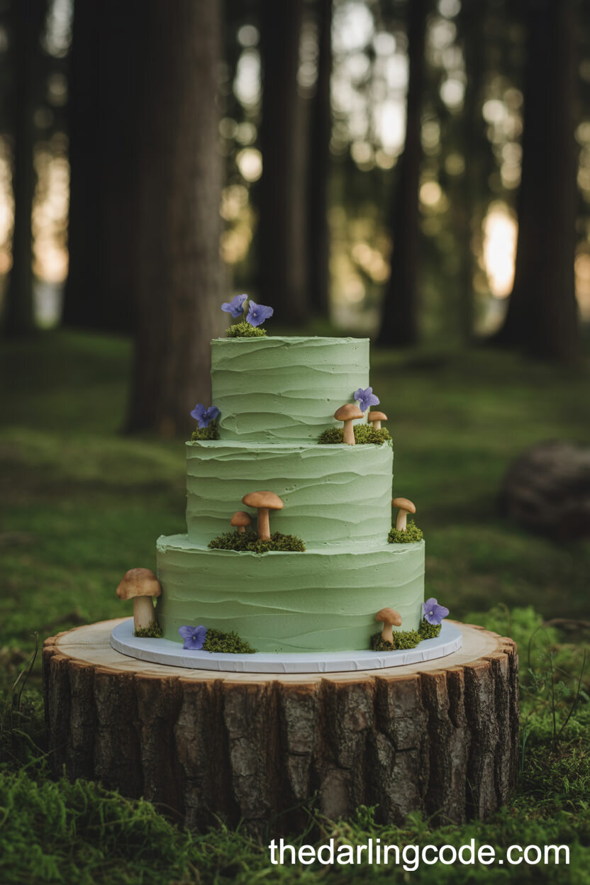 Moss-Covered Forest Cake With Edible Mushrooms And Violets