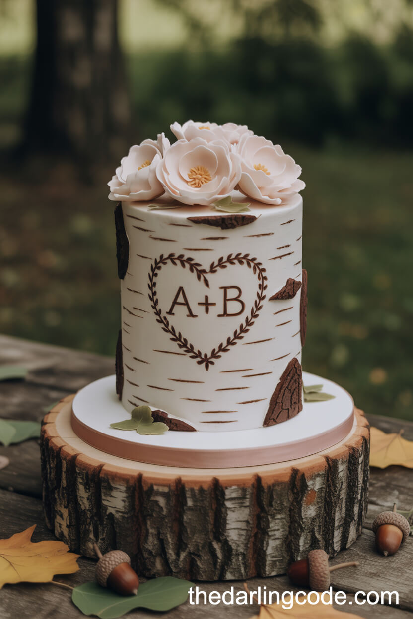 Birch Bark-Textured Cake With Carved Initials And Sugar Flowers