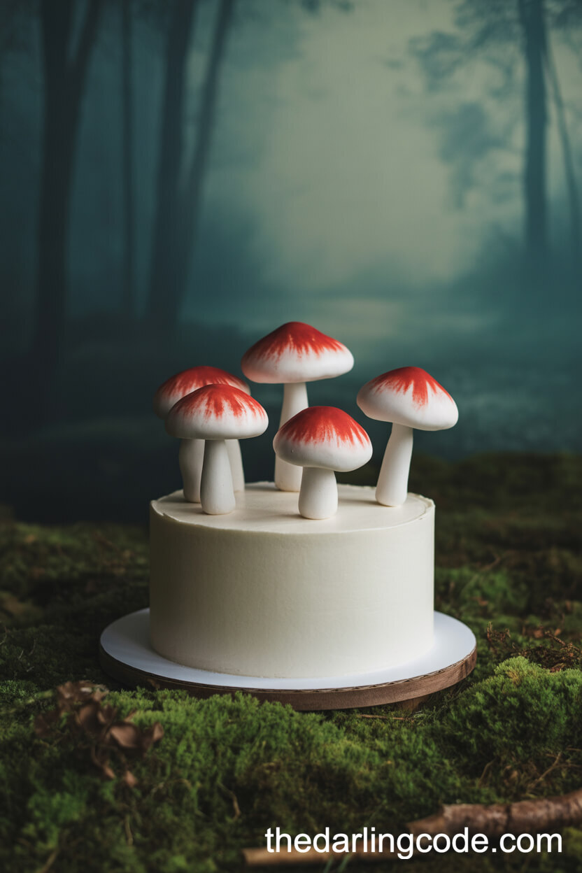 Fairytale Toadstool Mushroom Cake In A Misty Forest Setting