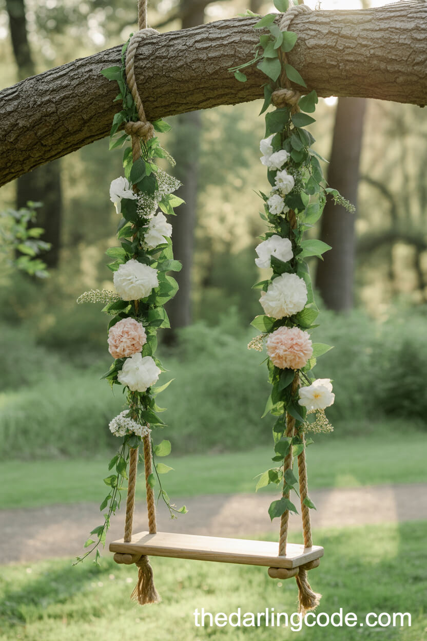 Flower-Adorned Swing For Forest Wedding Photos
