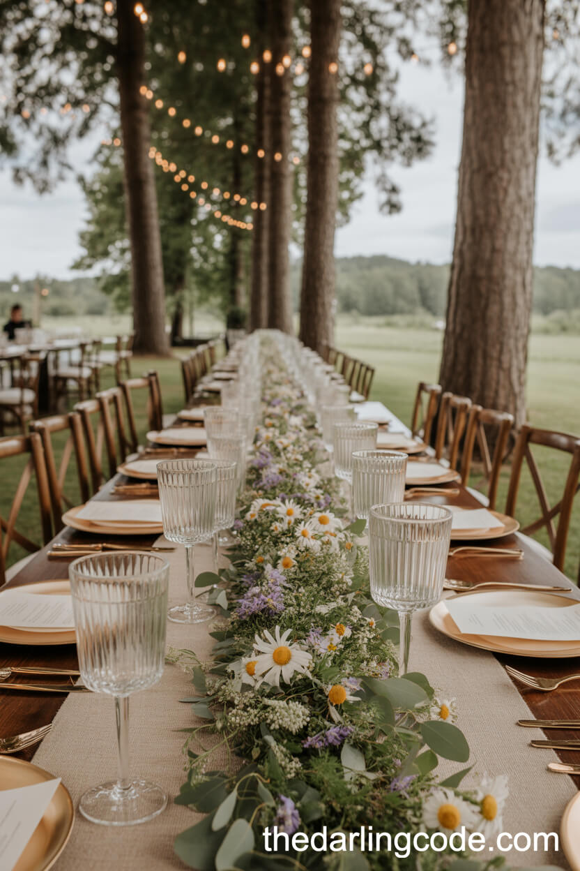 Reception Tables With Wildflower Garland Runners
