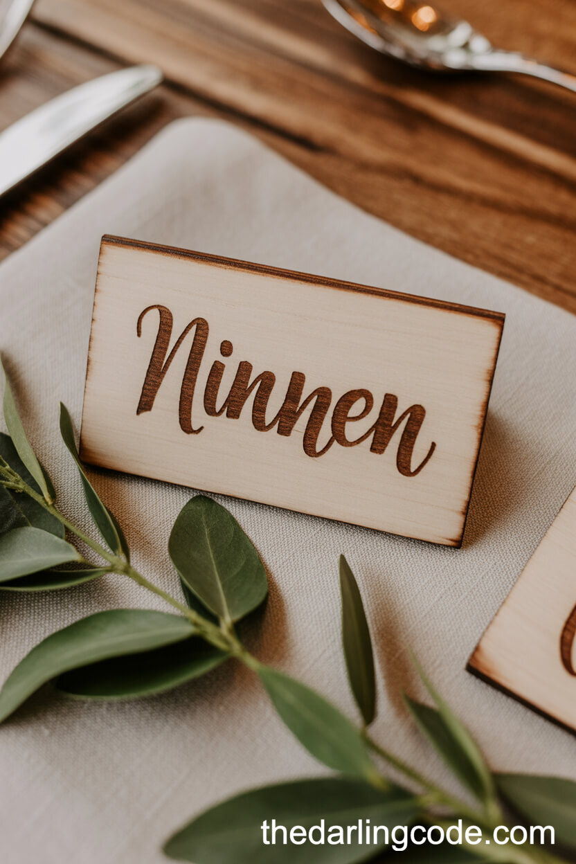 Carved Wooden Place Cards With Greenery Sprigs