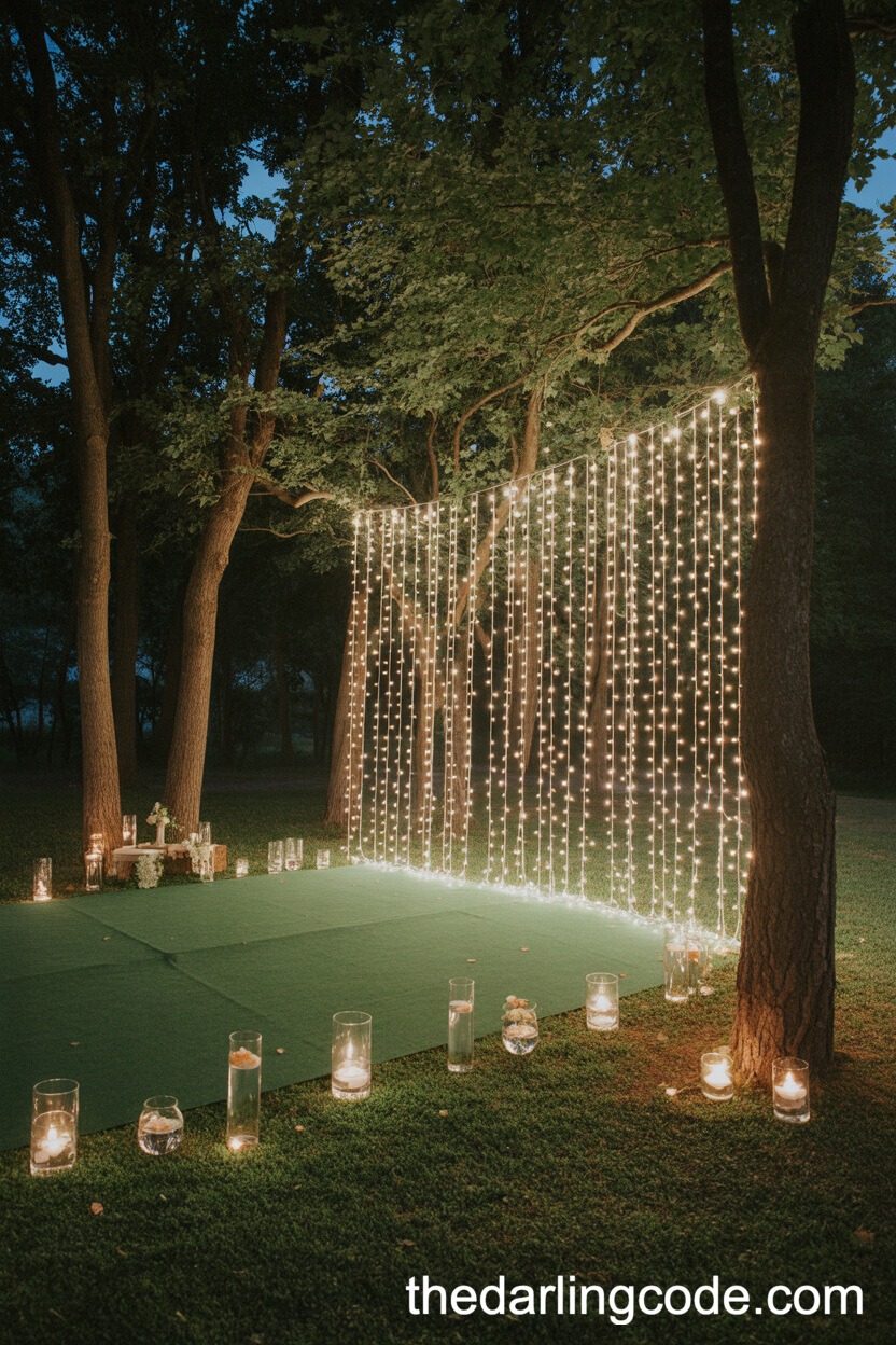 Cascading Fairy Light Curtain Among The Trees