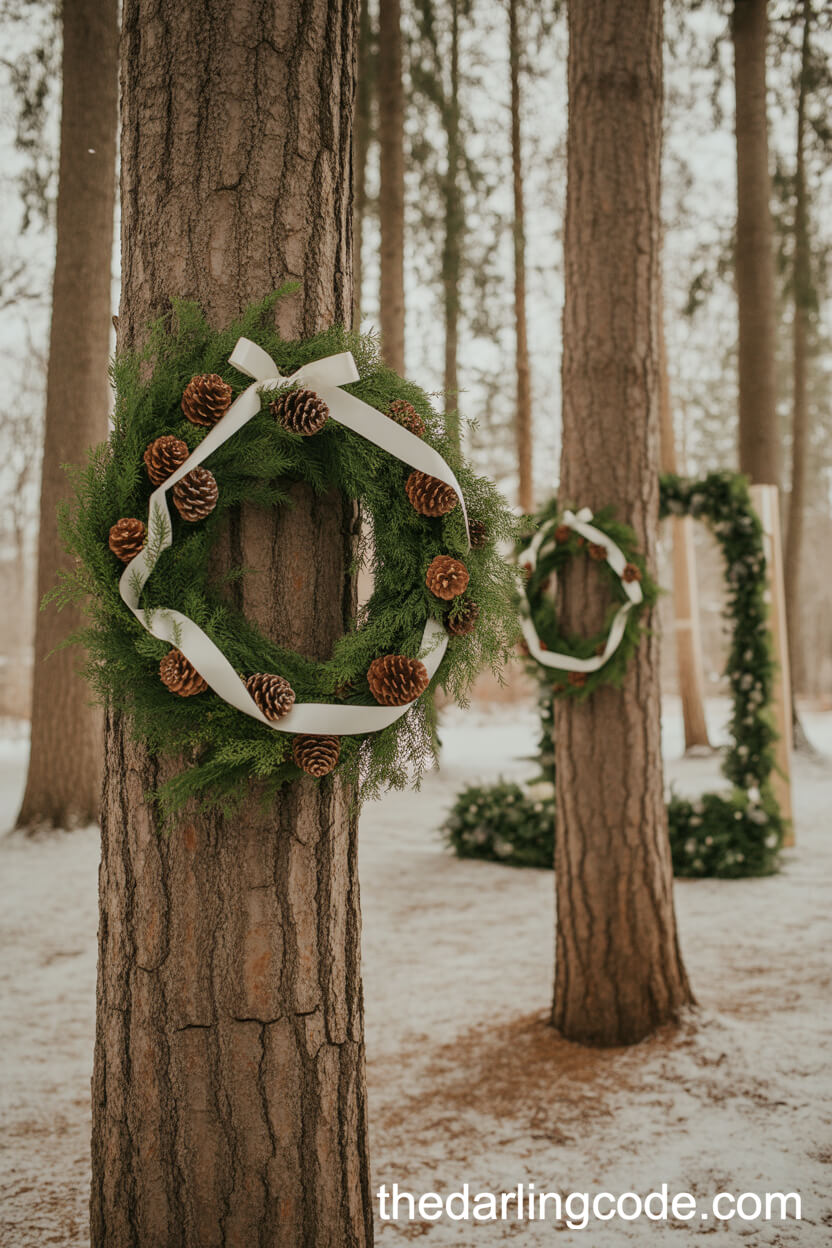 Evergreen Wreaths On Forest Tree Trunks