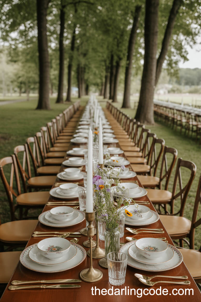Banquet Tables With Vintage China And Wildflowers