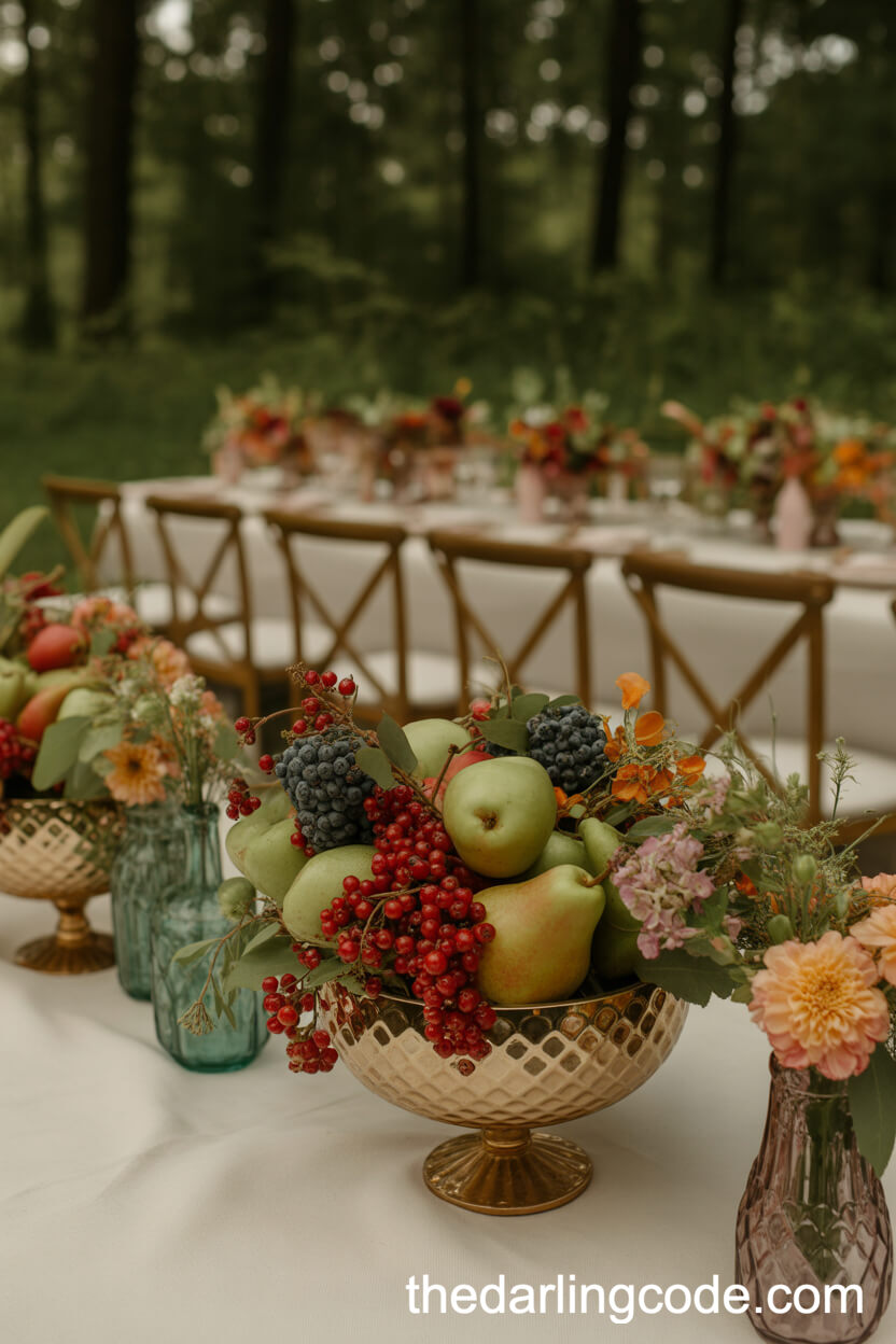 Fruit-Filled Centerpieces In Vintage Glass Compotes