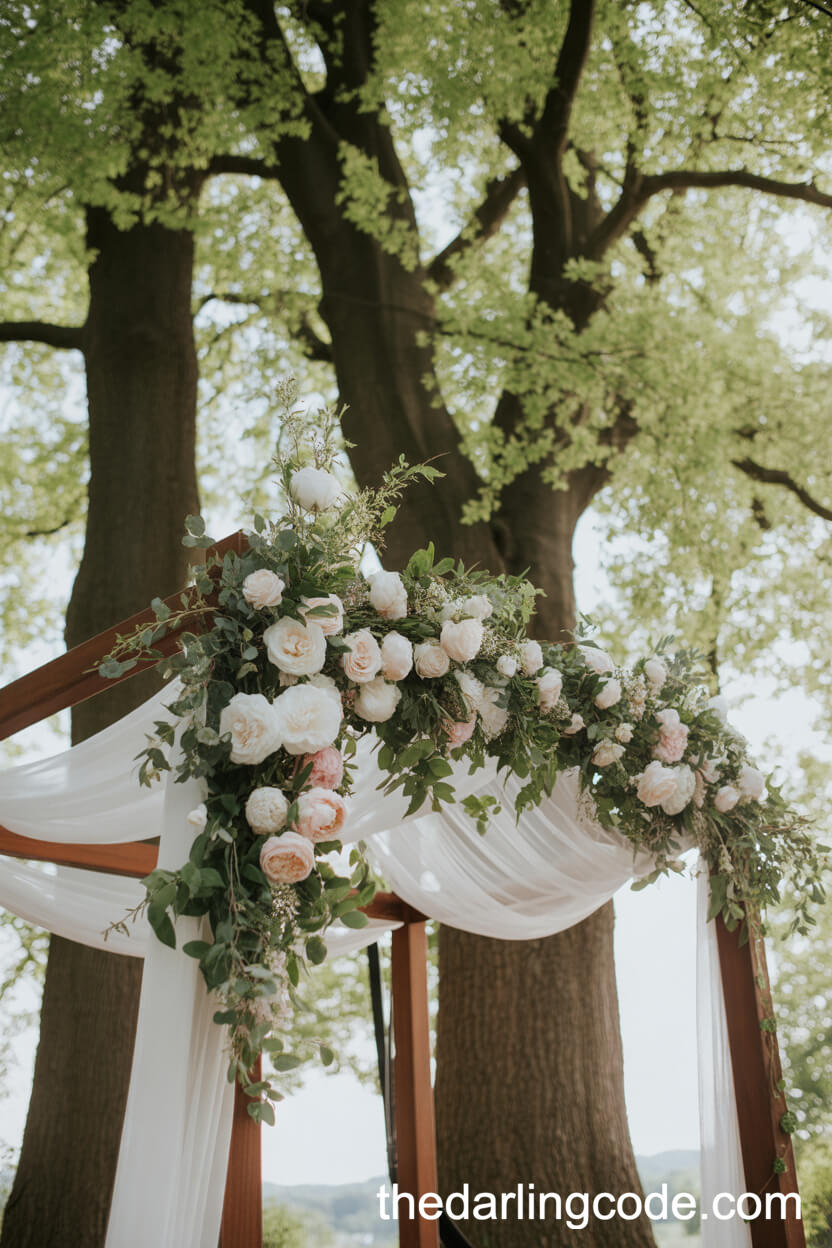 Wooden Arbor Draped In Greenery And Florals