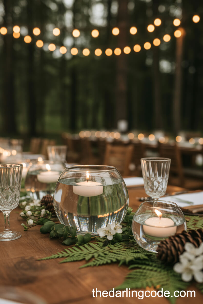 Reception Table With Floating Candle Bowls And Ferns