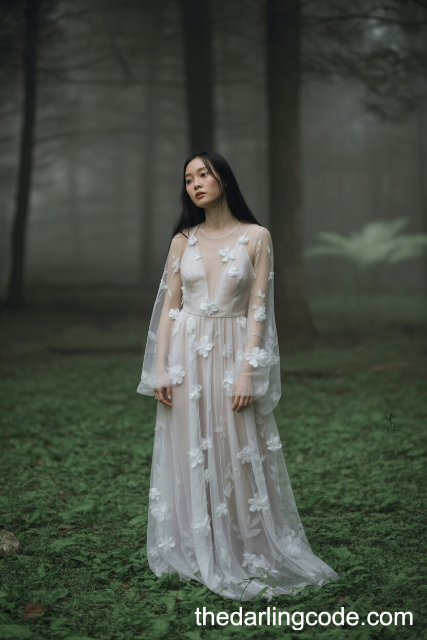 White Sheer Overlay Wedding Dress With Floral Motifs