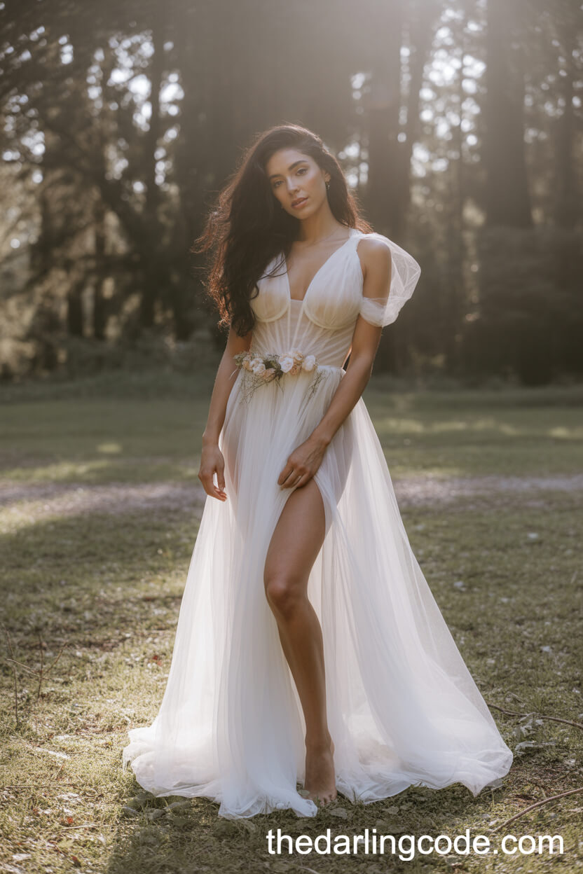 Sexy White Fairy-Style Wedding Dress With Deep V Neckline