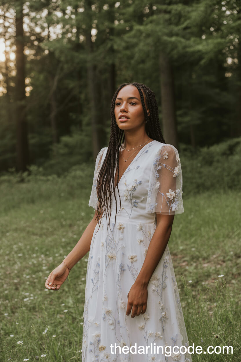 Floral Embroidered Wedding Dress With Sheer Sleeves