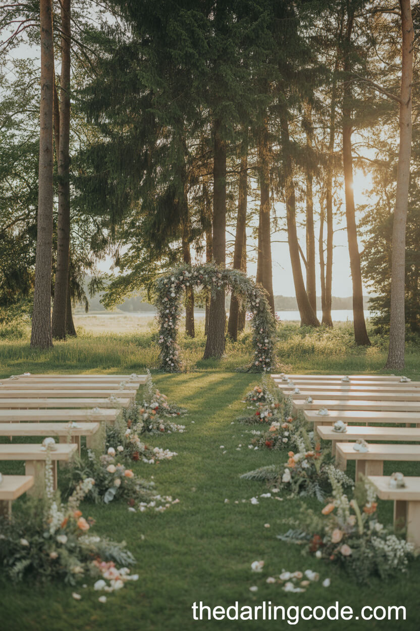 Enchanting Woodland Wedding Aisle With Lush Greenery And Wildflowers