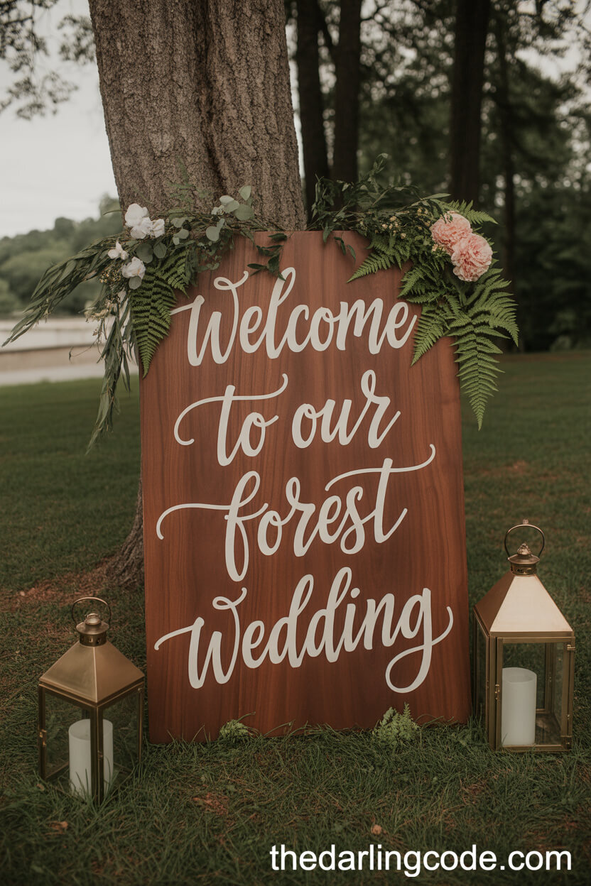Handwritten Wooden Welcome Sign With Ferns And Lanterns