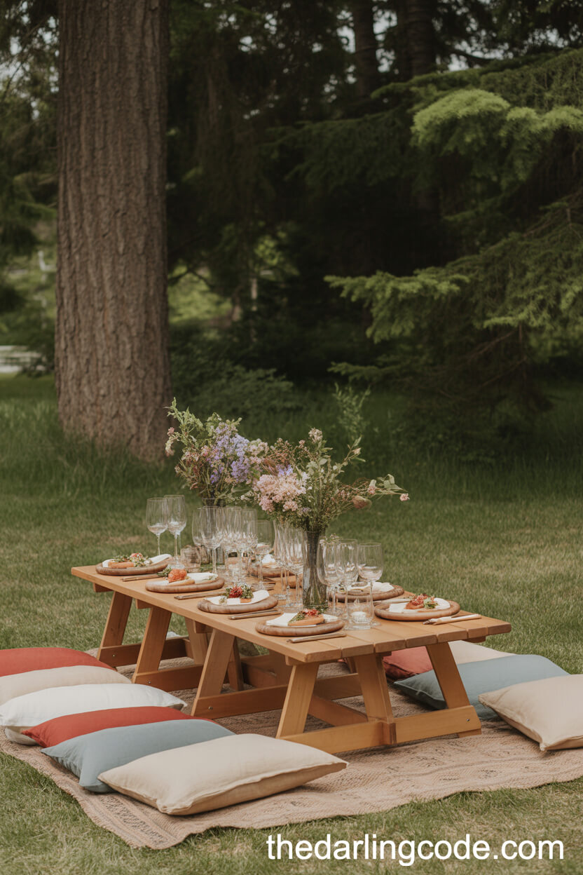 Picnic-Style Reception With Low Tables And Blankets In The Woods