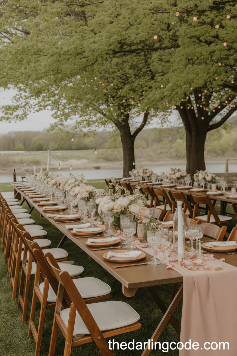 Spring Reception Tables Among Blooming Trees And Petals