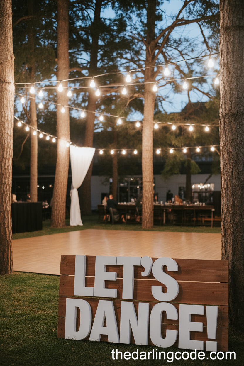 Outdoor Woodland Dance Floor With Market Lights And Drapery