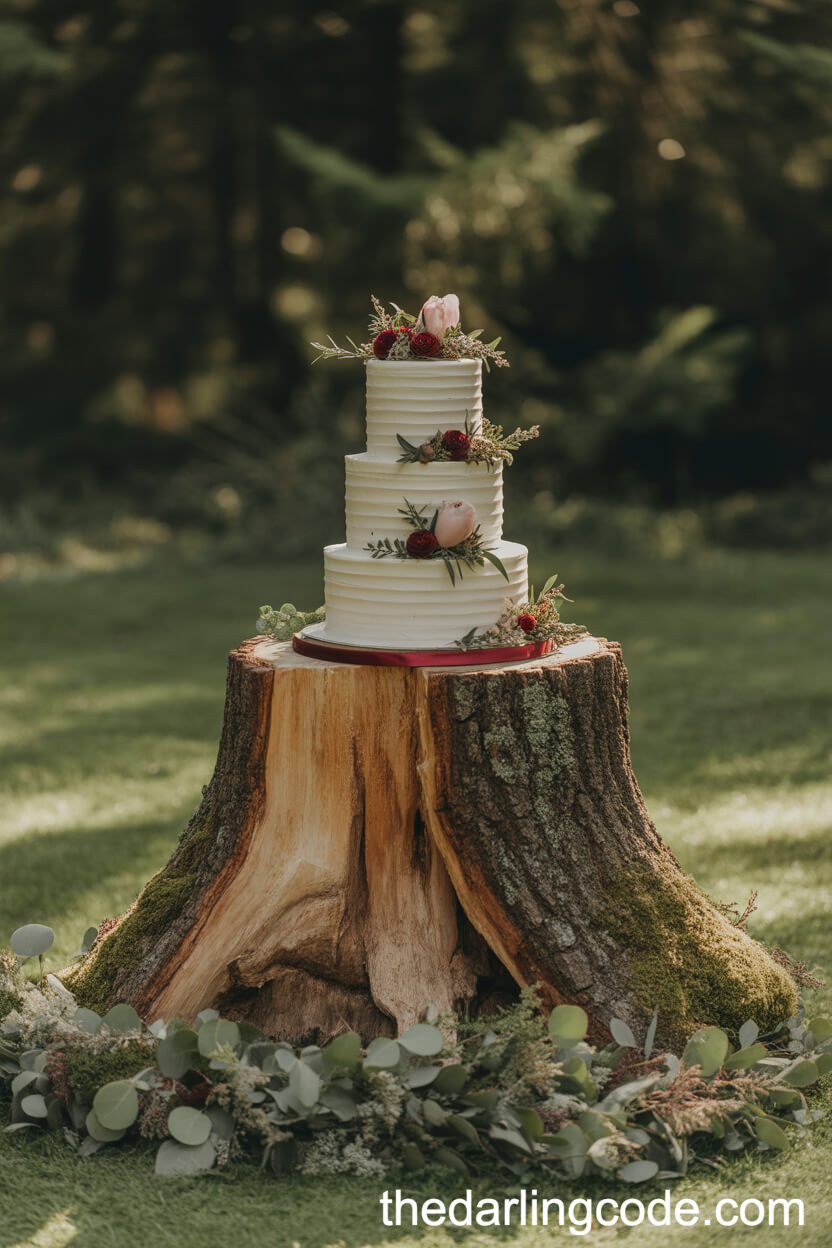 Showpiece Wedding Cake On A Mossy Tree Stump
