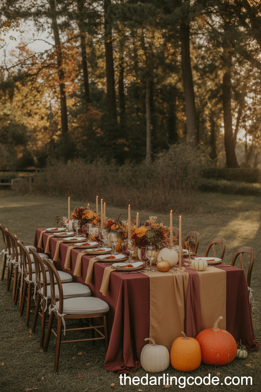 Autumn Head Table With Pumpkins, Gourds, And Warm Hues
