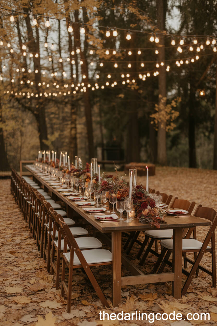 Autumn Forest Reception With Warm Florals And Cozy Candlelight