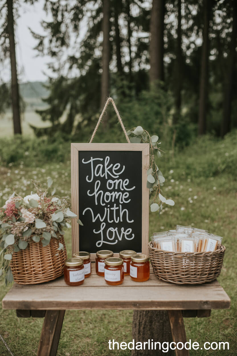Rustic Favor Table With Honey Jars And Candles In The Woods