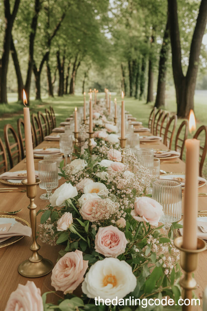 Romantic Long Reception Table With Cascading Florals In The Forest