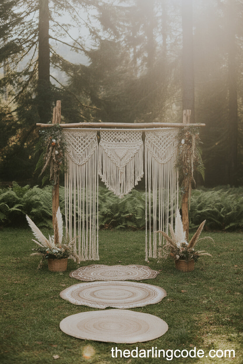 Bohemian Macramé Canopy Ceremony Surrounded by Ferns