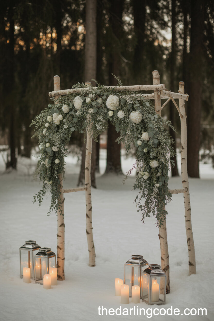 Snowy Forest Altar With Birch Branches And Lanterns