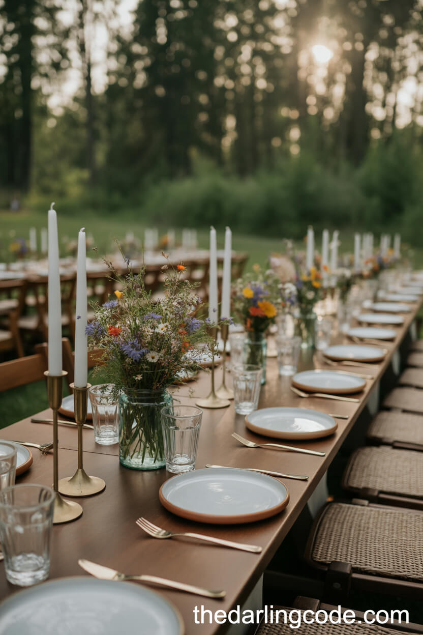 Wildflower Centerpieces And Rustic Wooden Table Settings