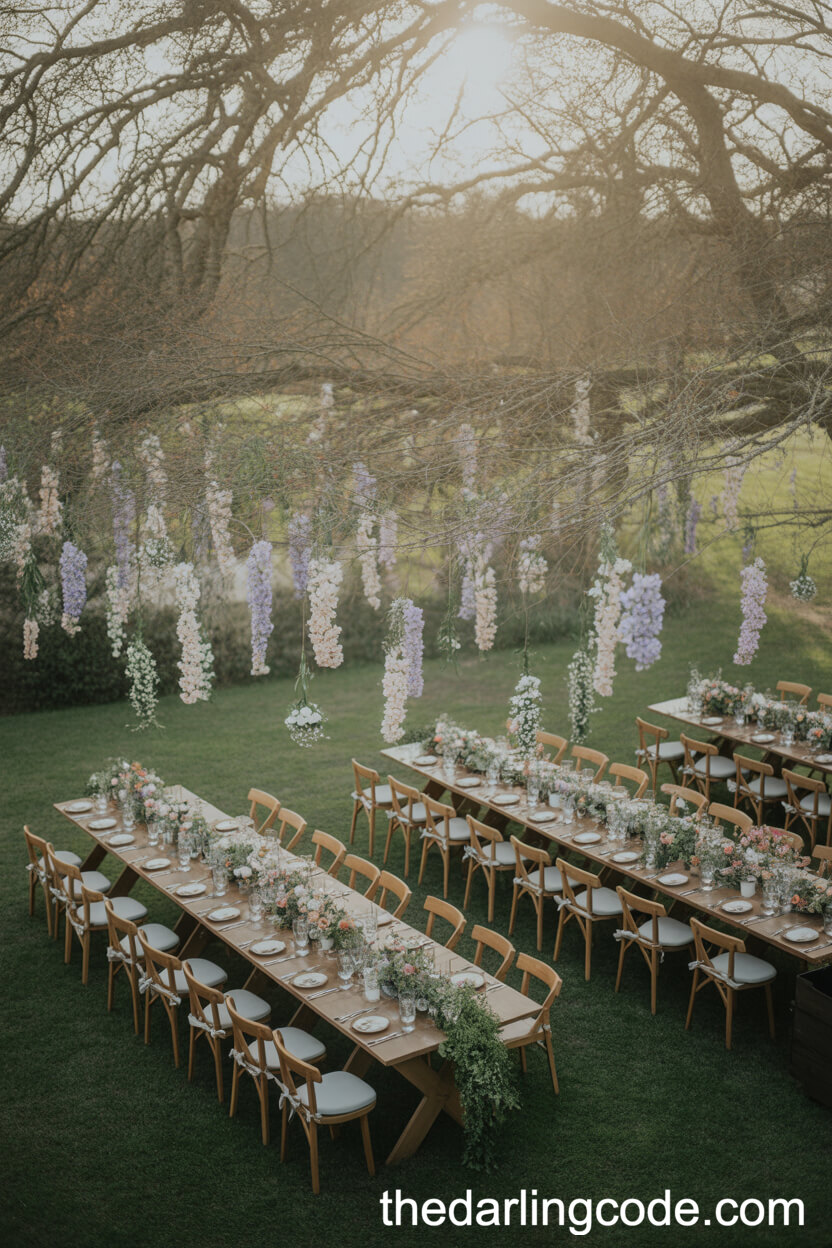Pastel Flower And Greenery Canopy Above Woodland Dining Tables