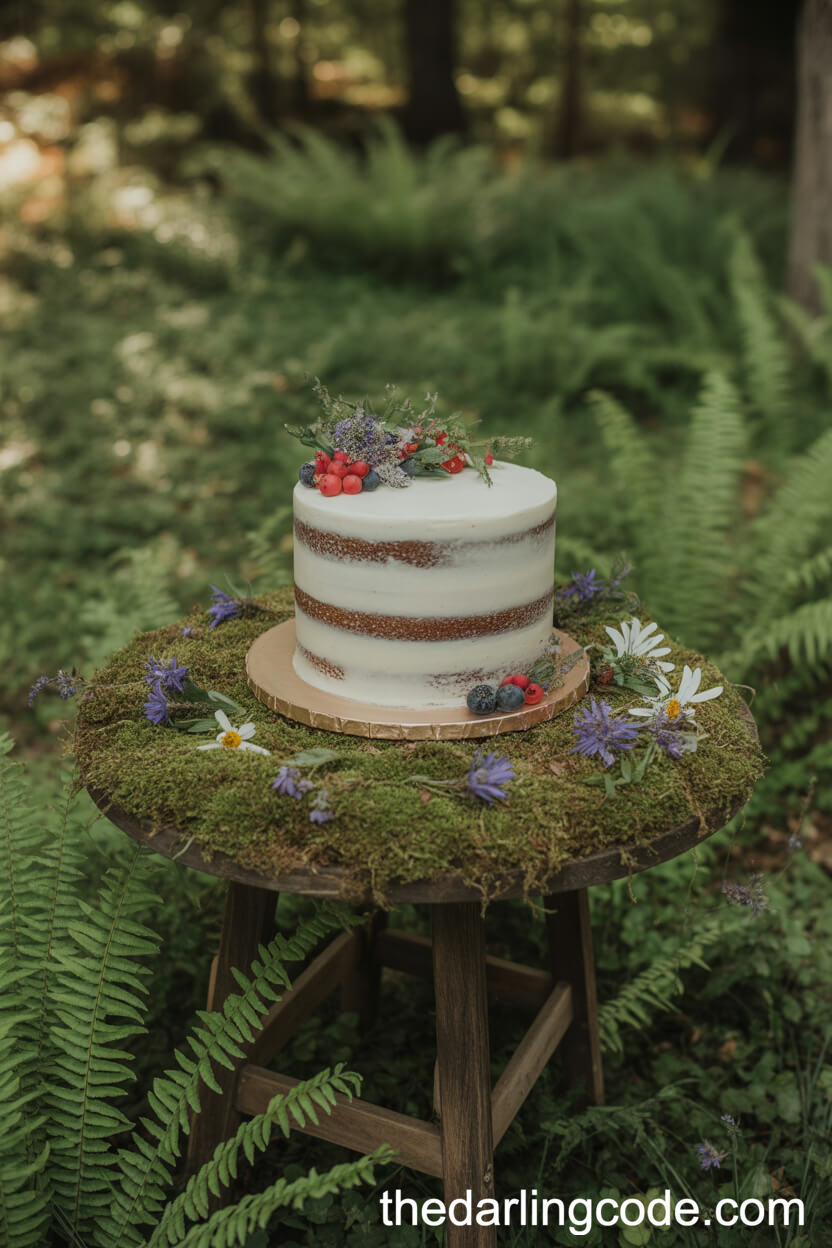 Forest Cake Display On A Moss-Covered Table With Berries And Florals