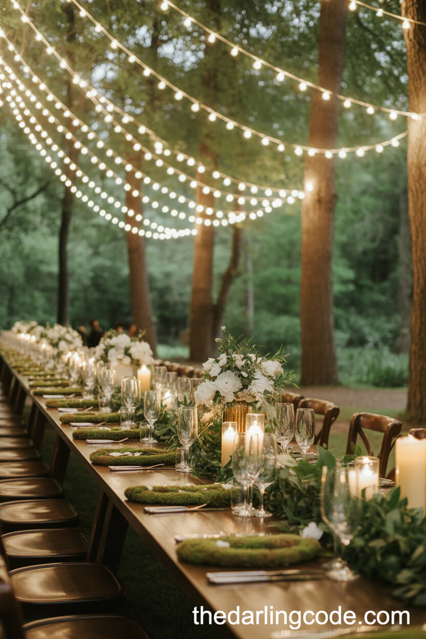 Magical Long Table Reception With Moss Runners And Fairy Lights
