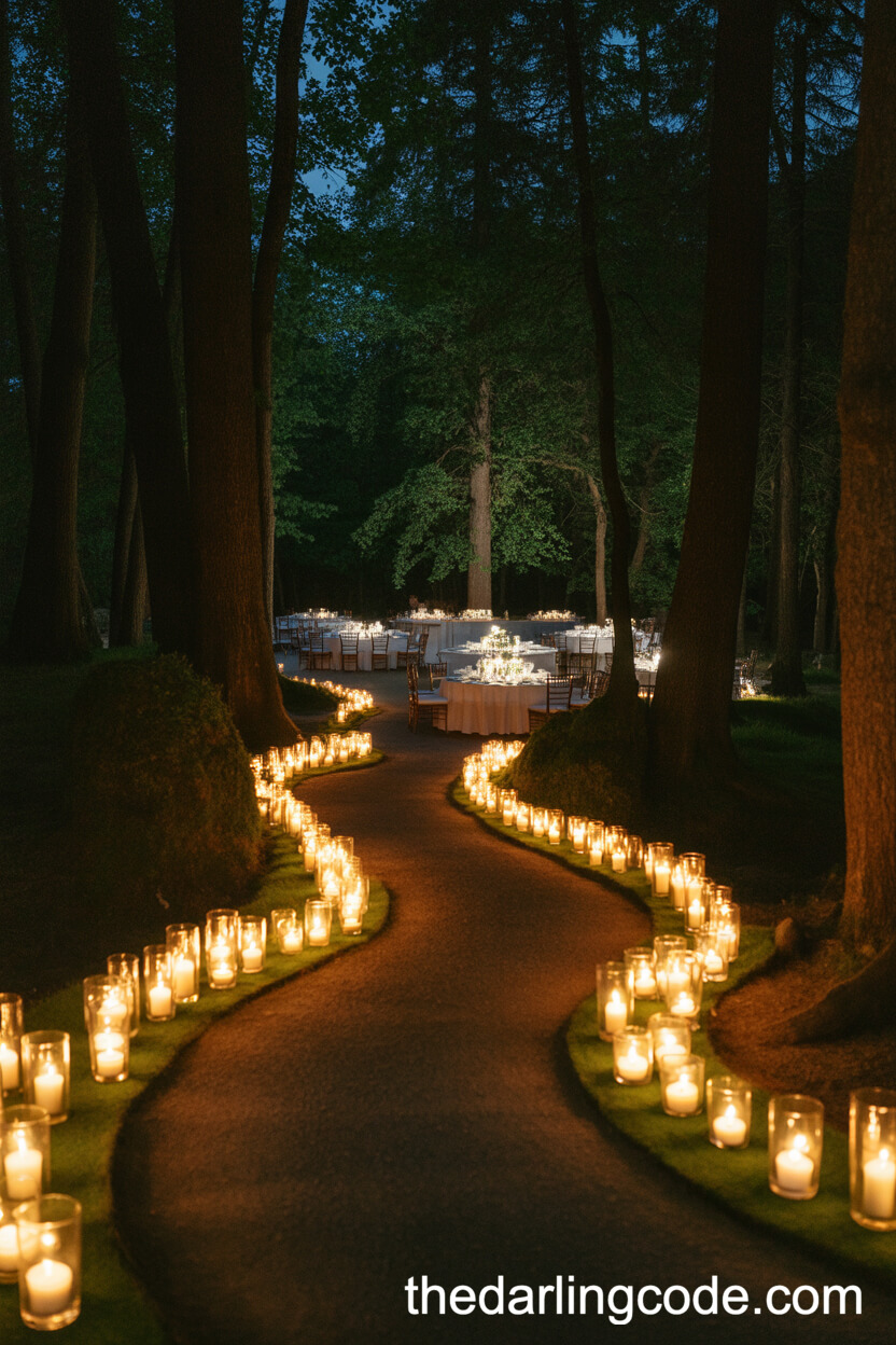 Candlelit Pathways Leading To A Romantic Forest Reception Clearing