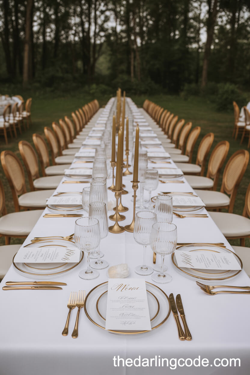Sophisticated Banquet Tables With White Linens And Gold Accents