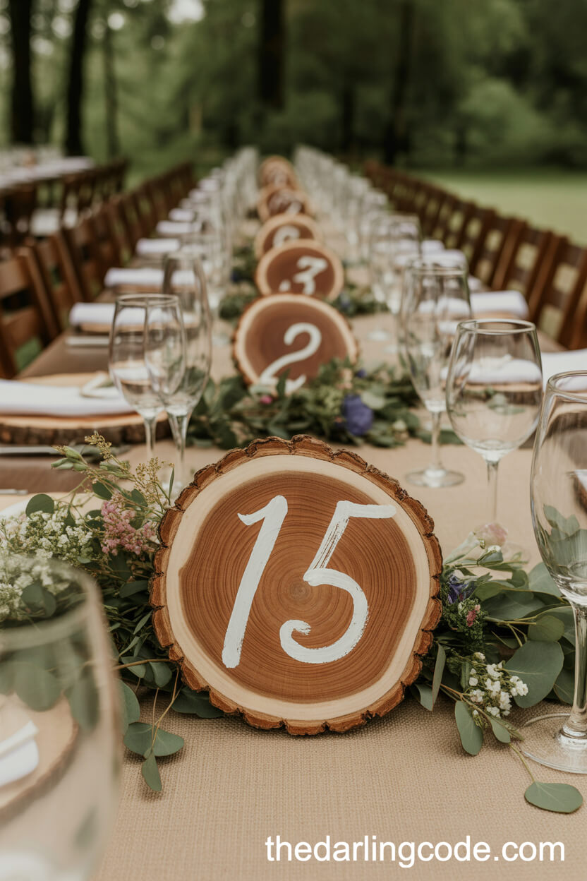Rustic Table Numbers Crafted From Wood Slices And Forest Greenery