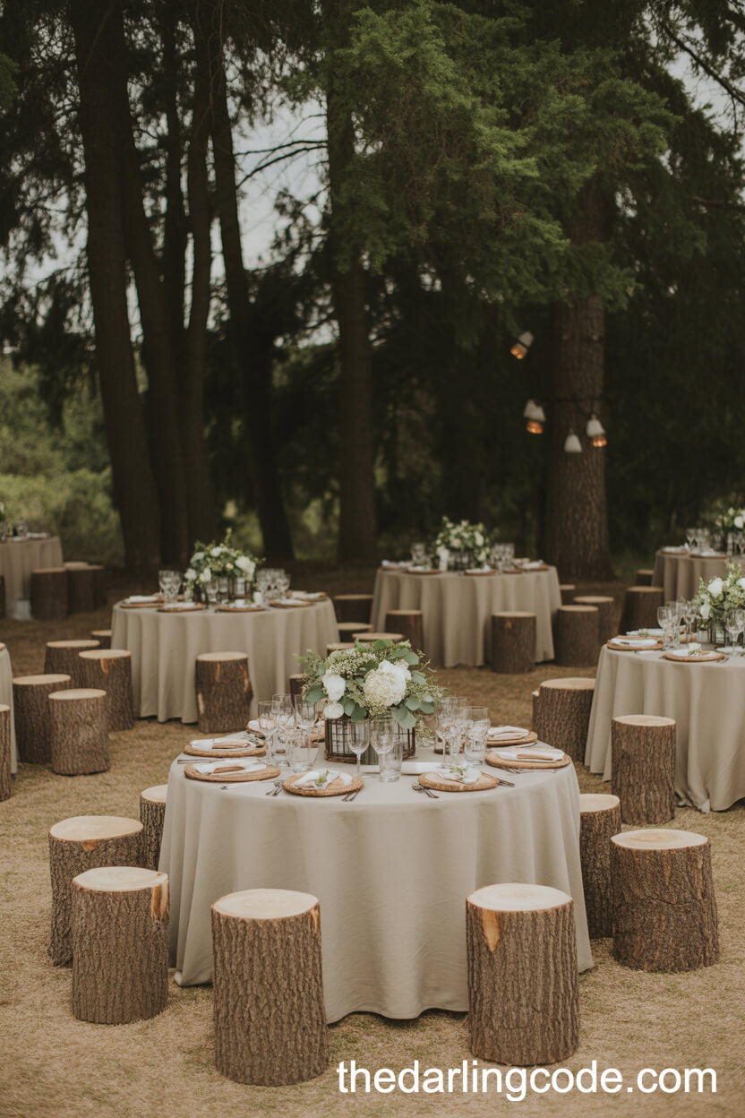 Informal Reception Seating With Tree Stump Chairs And Lanterns