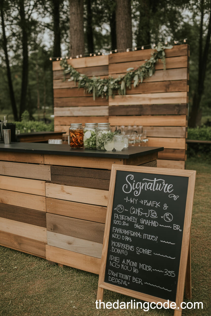 Rustic Forest Bar With Chalkboard Signature Cocktail Menu