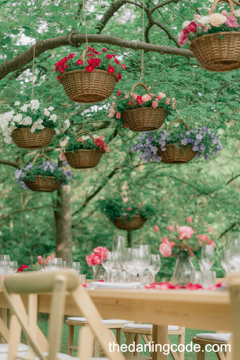 Suspended Floral Baskets Above Summer Forest Reception Tables