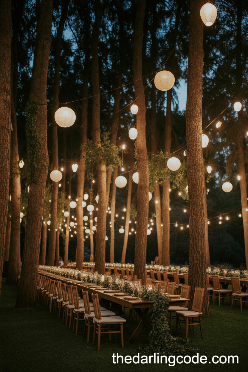 Evening Forest Reception Lit By Hanging Lanterns And Candles